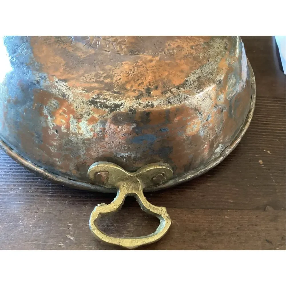 Antique hammered Tinned Copper brass handle primitive Bird Pan 9x 2